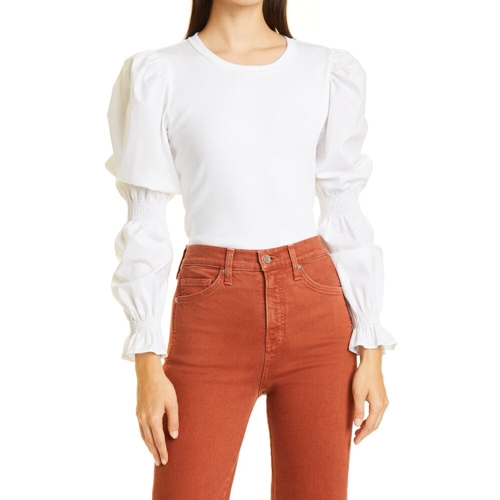 Veronica Beard 'Fawn' White Cotton Mix Media Virago Sleeve Stretch Cotton Top